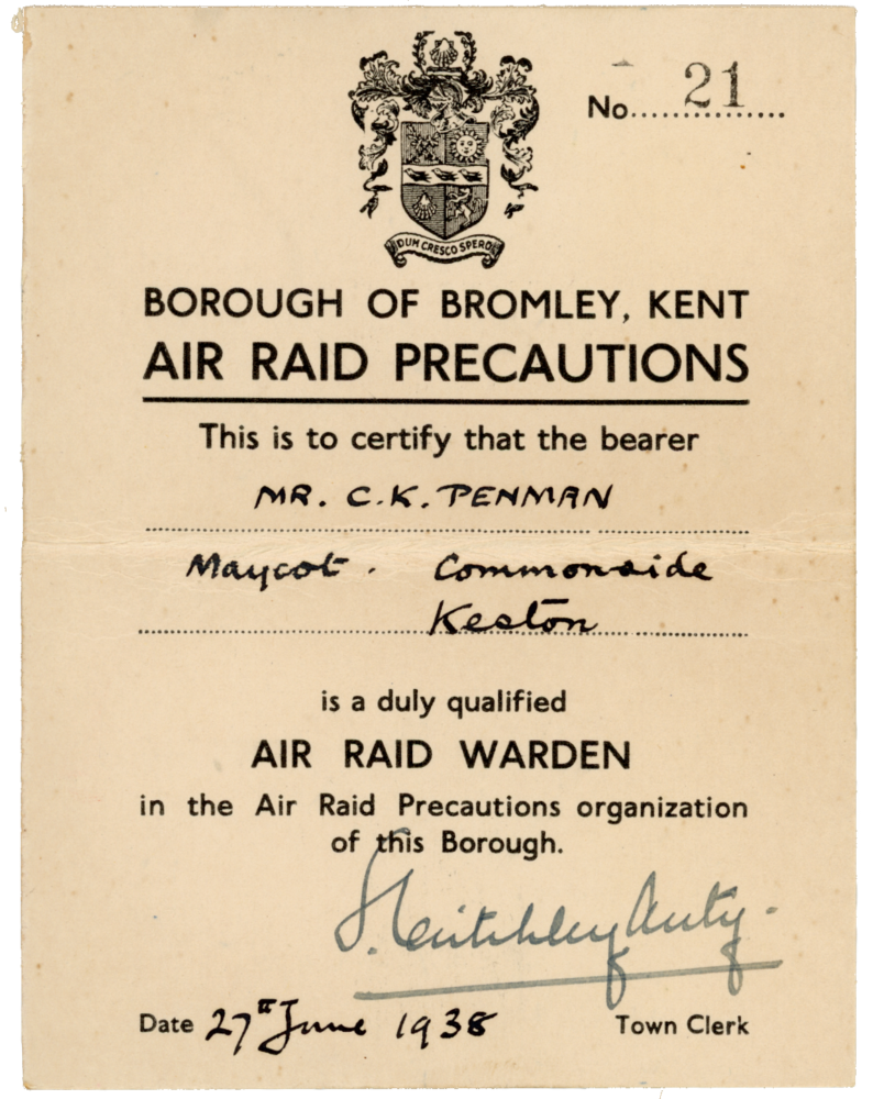 1938 Air Raid Warden Certification granted to Cyril Kenneth Penman
