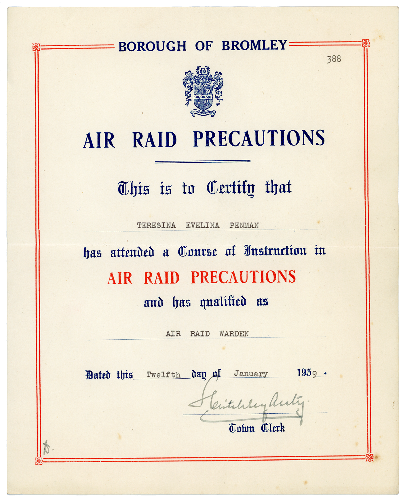 Air Raid Warden Certificate awarded to Teresina Penman on 12th January, 1939.