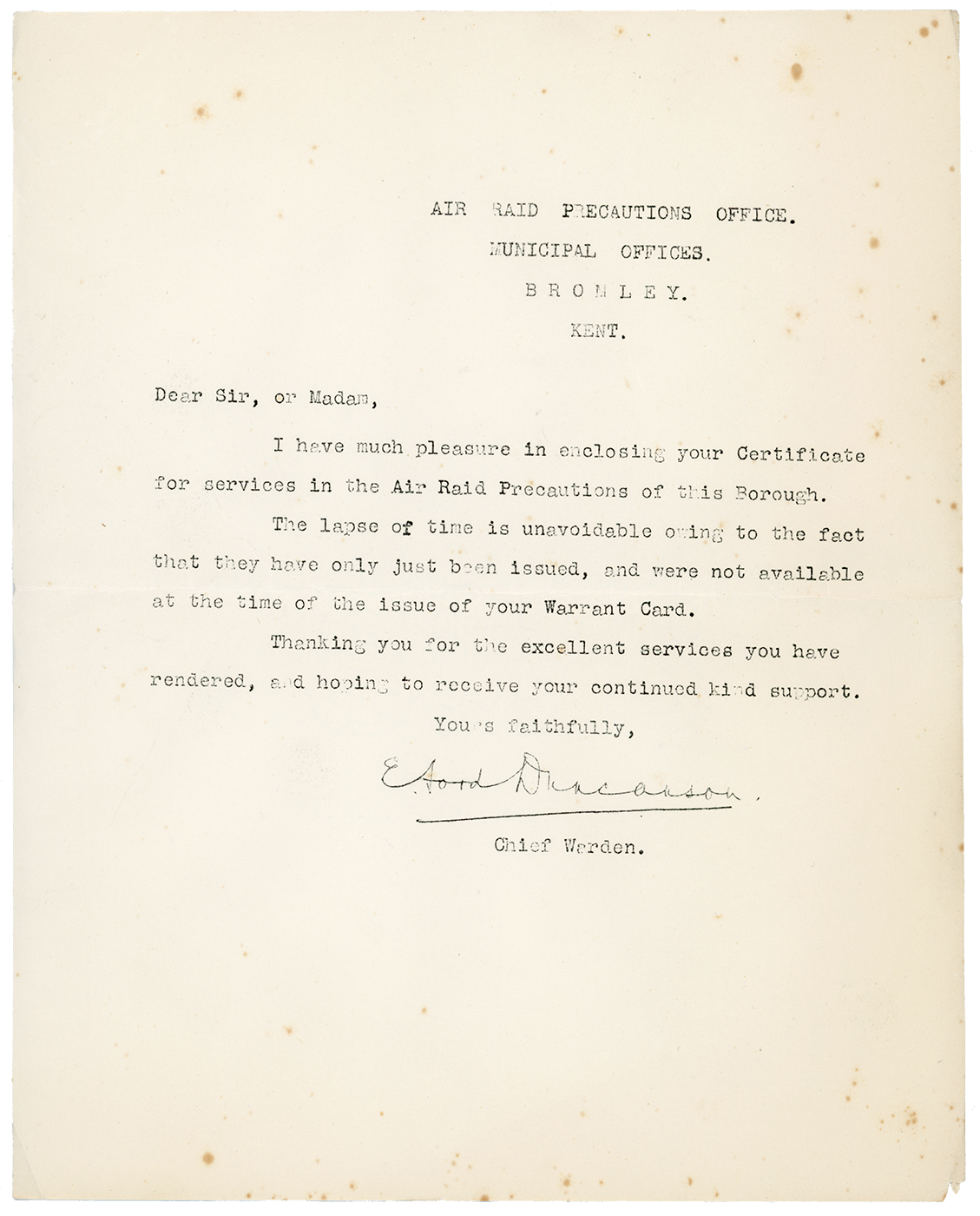 A letter apologizing for the belated delivering of Teresina Penman's Air Raid Warden Certificate.