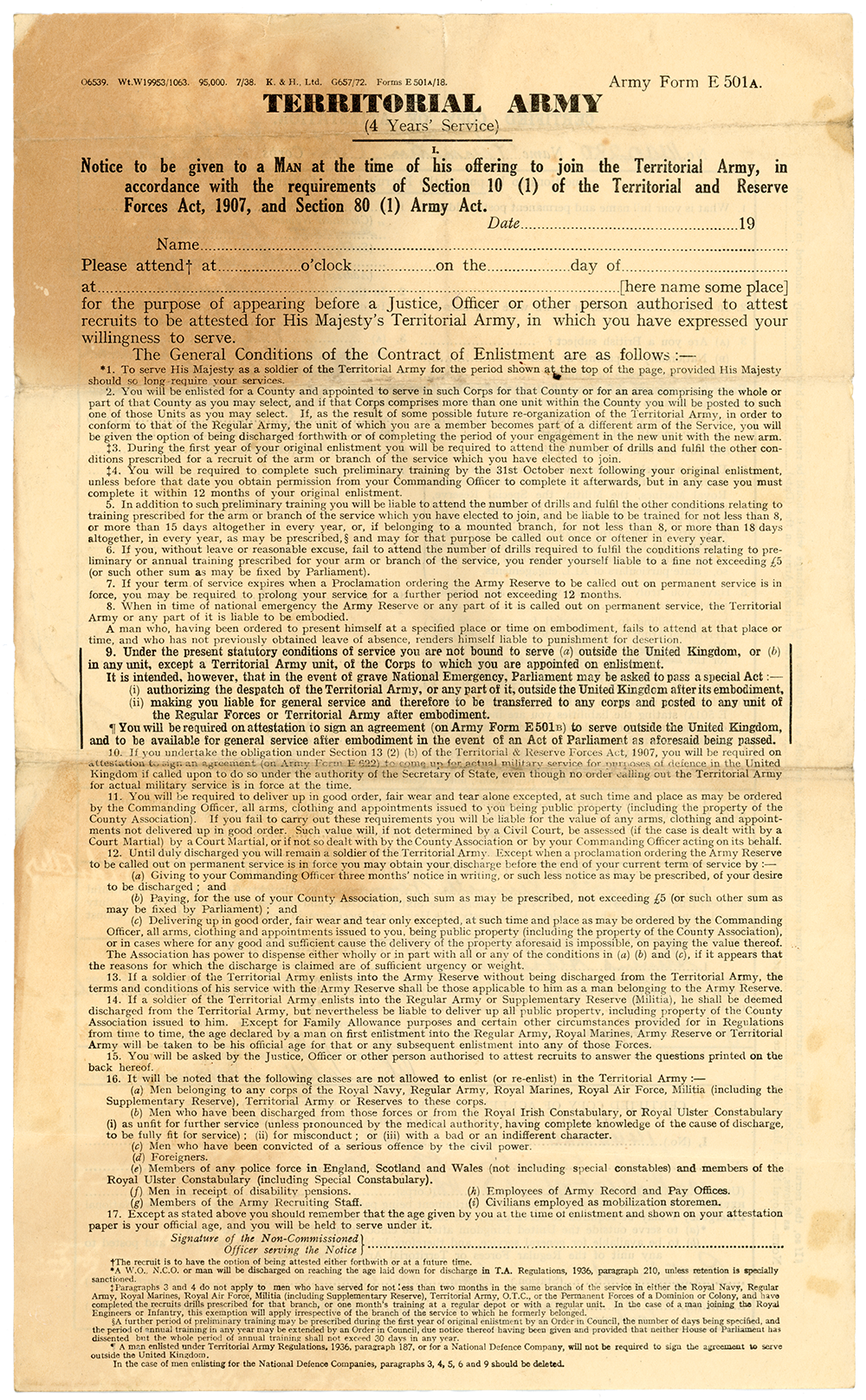 Territorial Army Enlistment papers 1939.