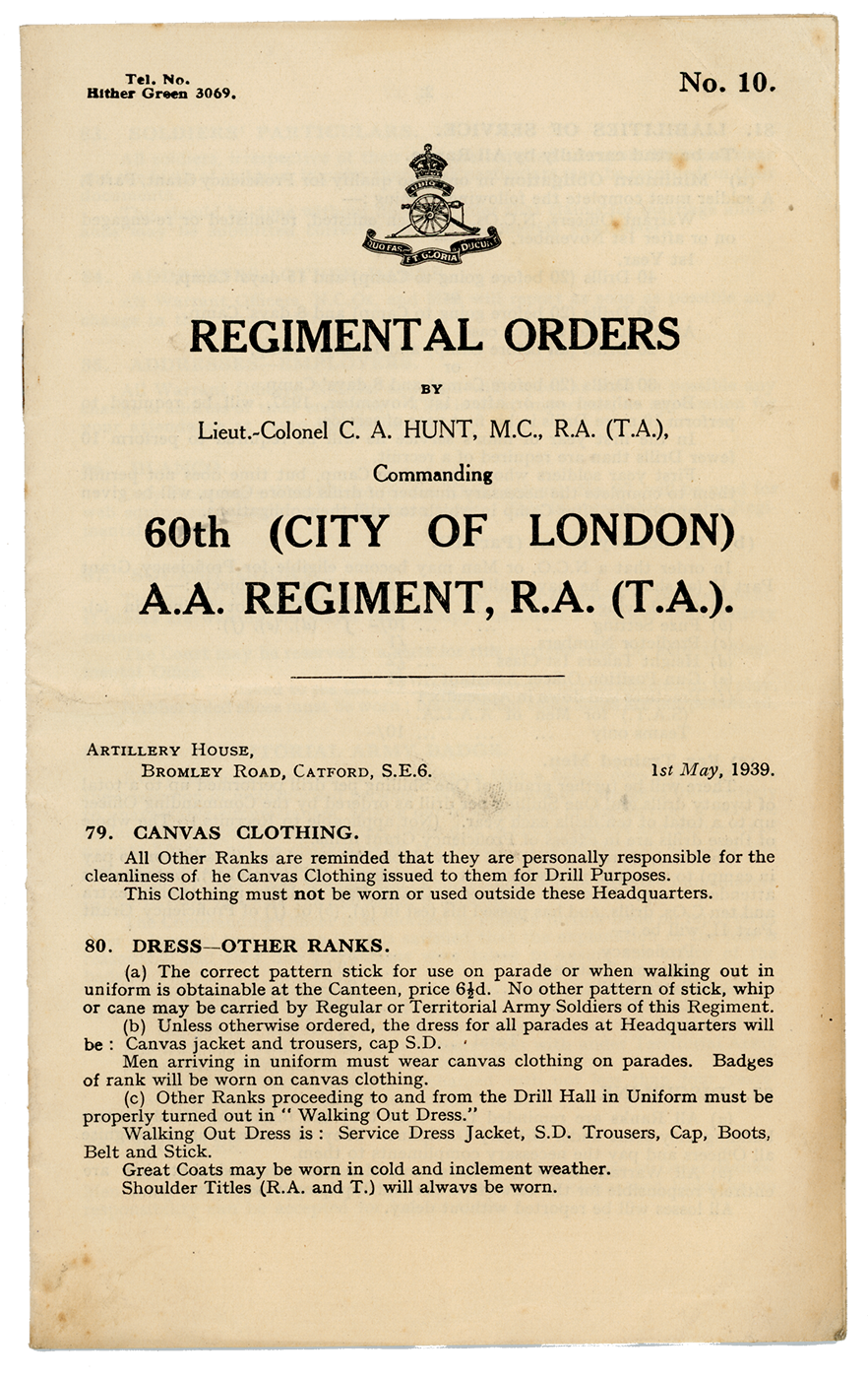 Regimental Orders. 60th (City of London) A.A. Regiment, R.A. (T.A.)
