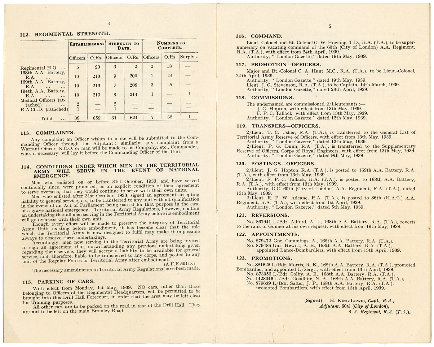 Regimental Orders. 60th (City of London) A.A. Regiment, R.A. (T.A.)
