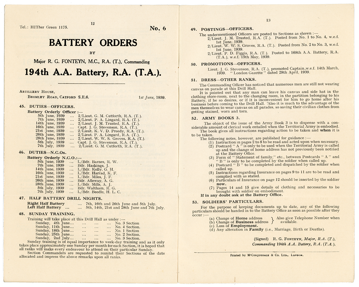 Regimental Orders. 60th (City of London) A.A. Regiment, R.A. (T.A.)