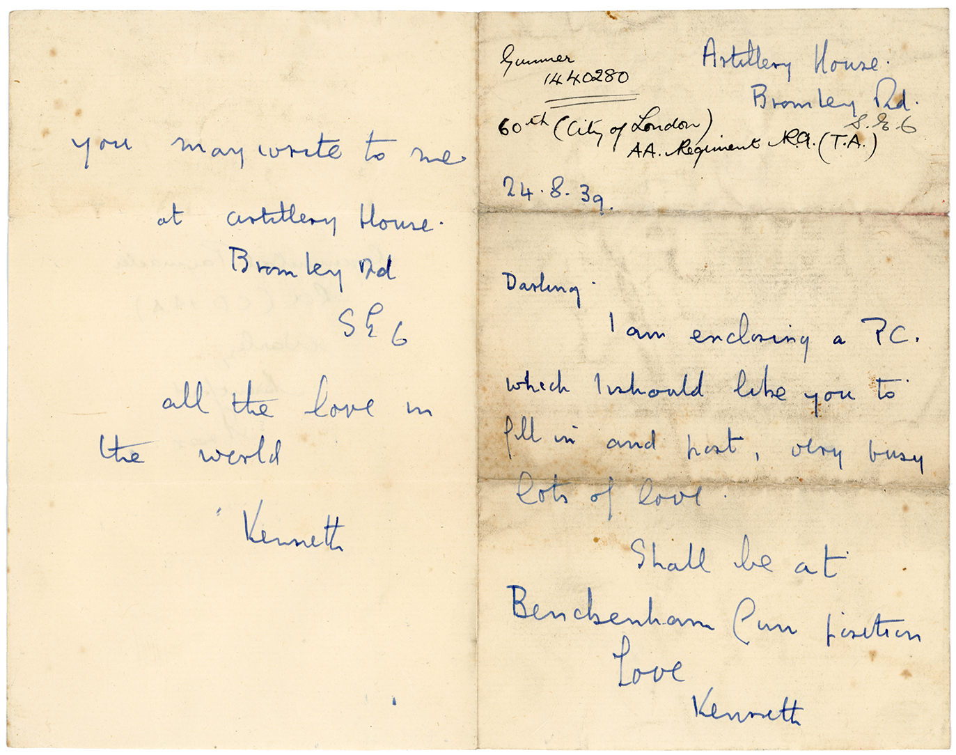 Letter from Cyril Kenneth Penman to Teresina Evelina Penman sent 24th August, 1939.