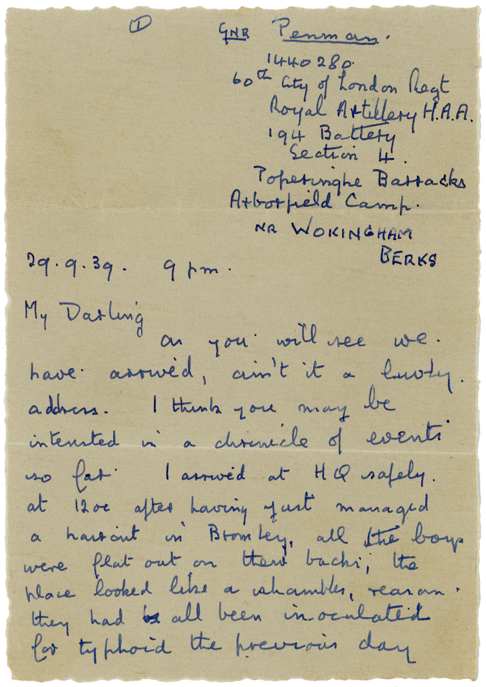 Letter from Cyril "Kenneth" Penman to Teresina "Terry" Evelina Penman dated 29th September, 1939.
