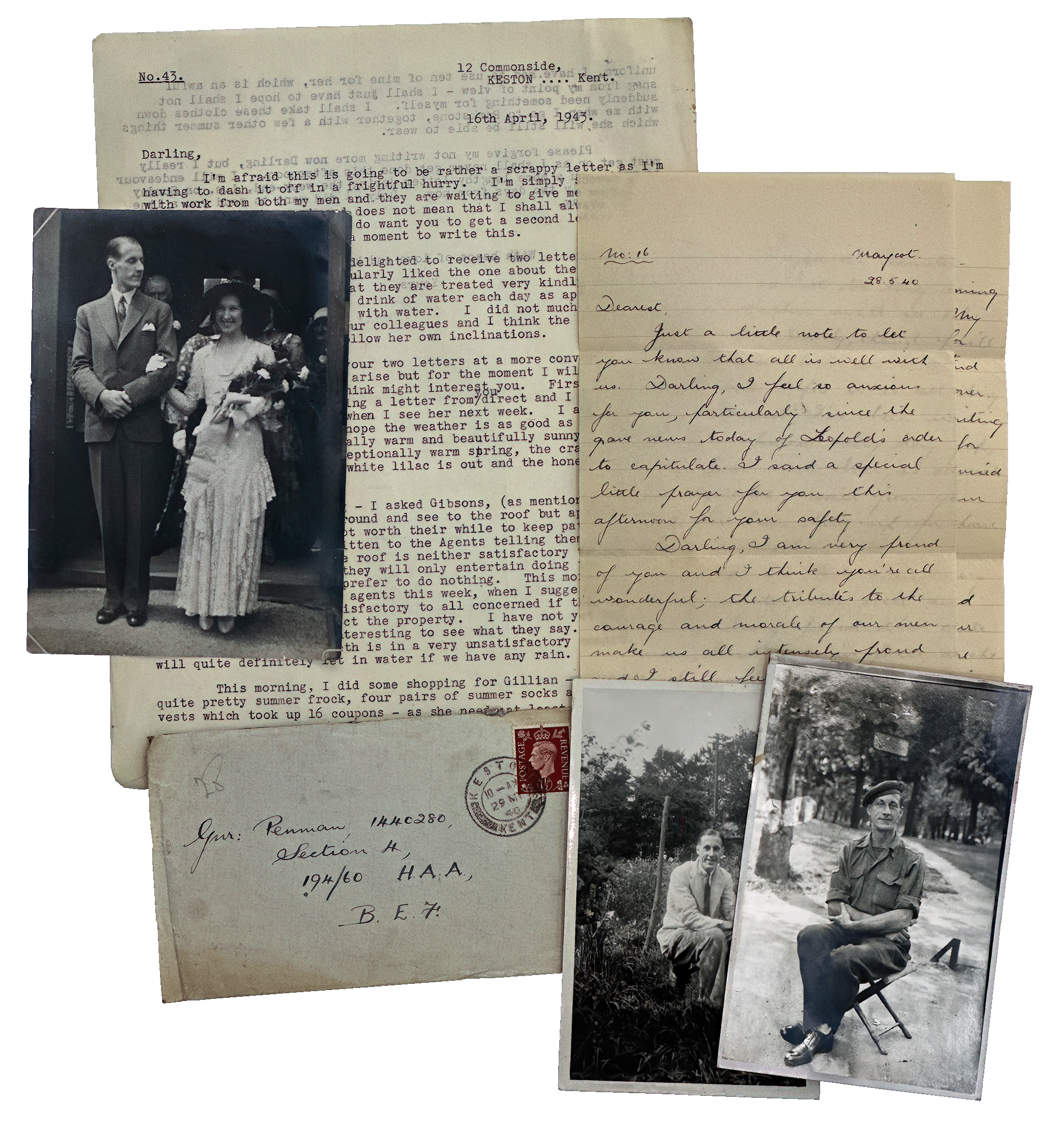 Letters between Teresina Evelina Penman and Cyril Kenneth Penman sent during WW2. A wedding photo and photos of Kenneth at home and in uniform at war.