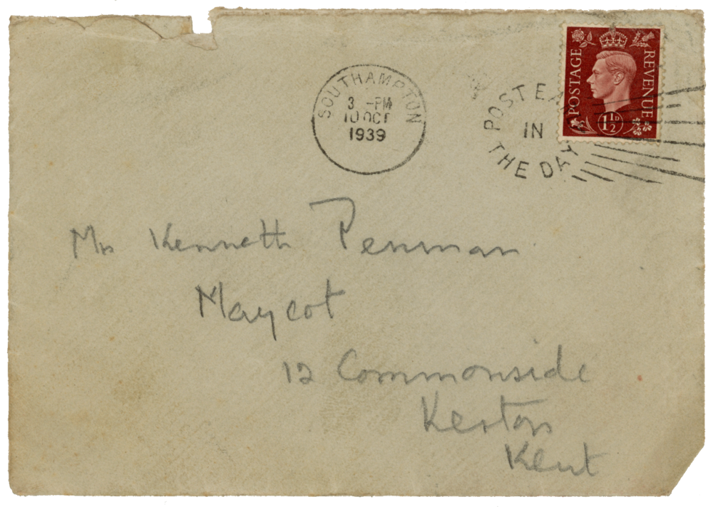 Envelope of letter from Cyril “Kenneth” Penman to Teresina “Terry” Penman dated October 9th, 1939.
