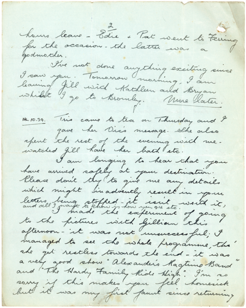 Letter from Teresina “Terry” Penman to Cyril “Kenneth” Penman dated October 11th, 1939. (pg. 2)