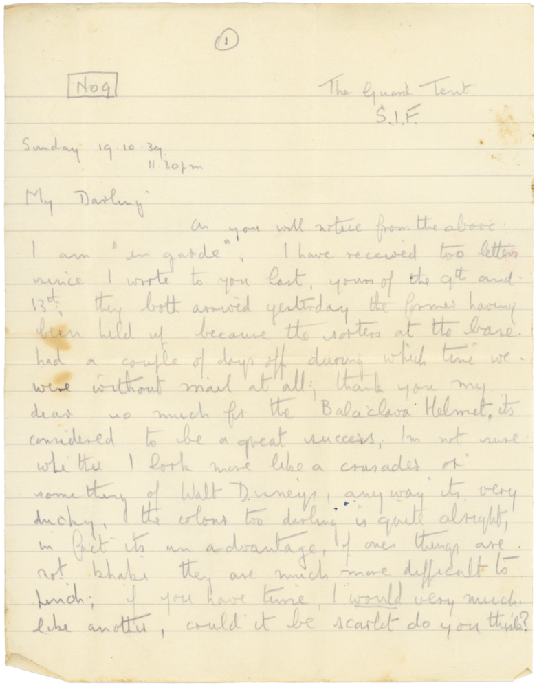 Letter from Cyril “Kenneth” Penman to Teresina “Terry” Penman dated October 19th, 1939. (pg. 1)