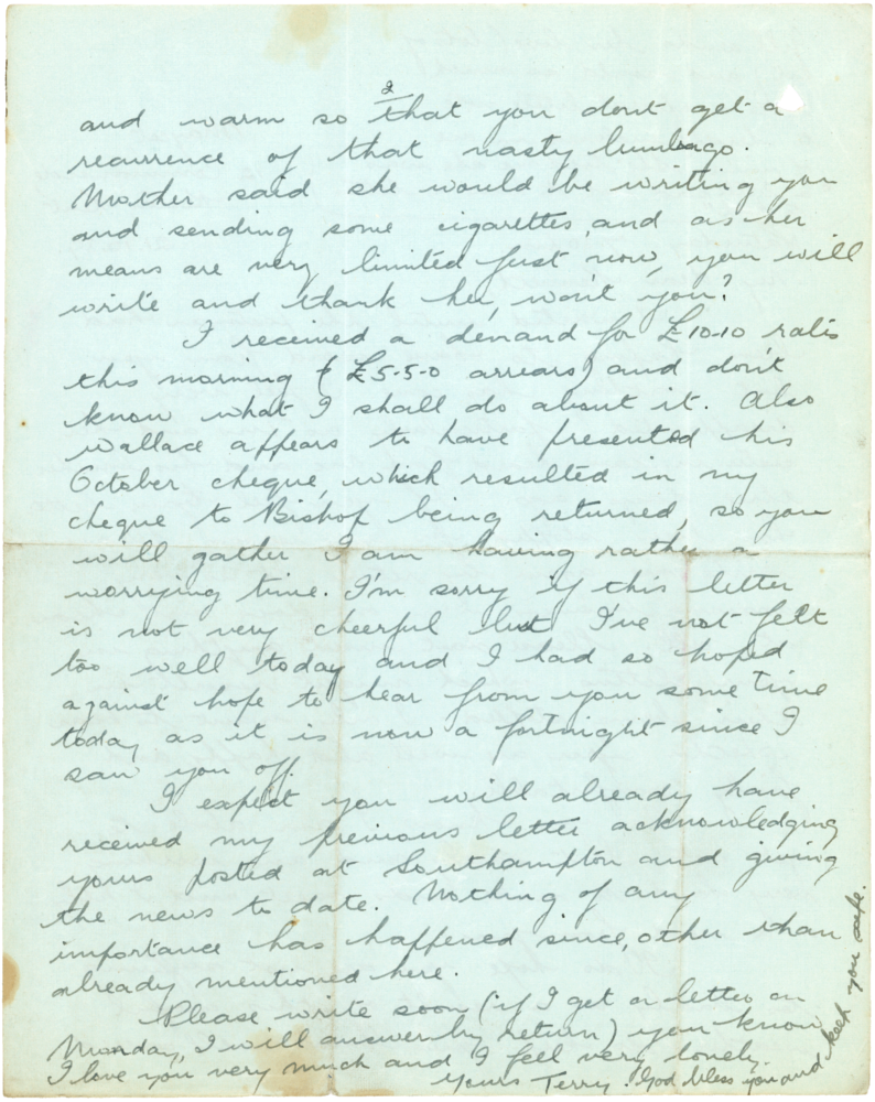 Letter from Teresina “Terry” Penman to Cyril “Kenneth” Penman dated October 21st, 1939. (pg. 2)