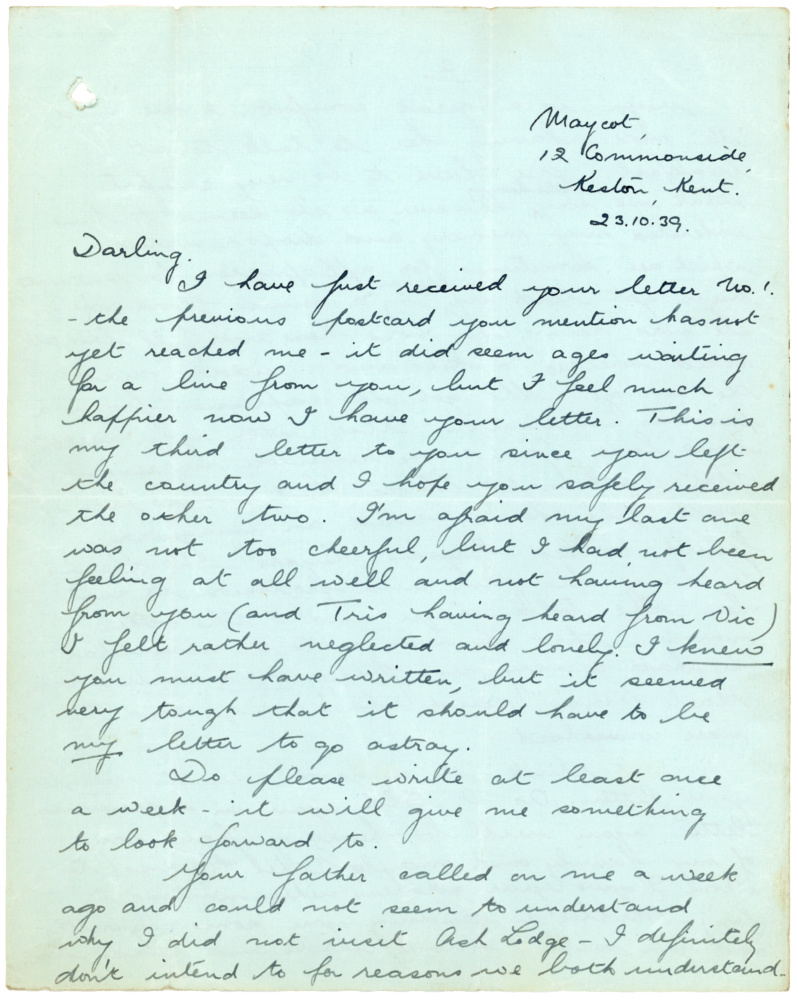 Letter from Teresina “Terry” Penman to Cyril “Kenneth” Penman dated October 23rd, 1939. (pg. 1)
