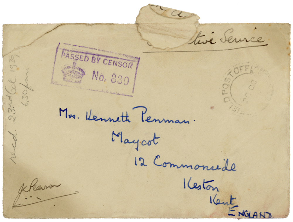 Envelope for letter from Cyril “Kenneth” Penman to Teresina “Terry” Penman received October 23rd, 1939.