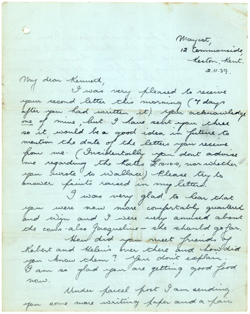 Letter from Teresina “Terry” Penman to Cyril “Kenneth” Penman dated November 2nd, 1939. (pg. 1)