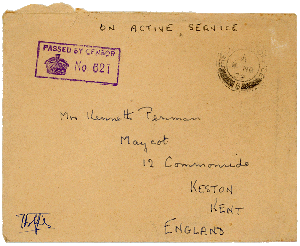 Envelope for letter from Cyril “Kenneth” Penman to Teresina “Terry” Penman dated November 11th, 1939.