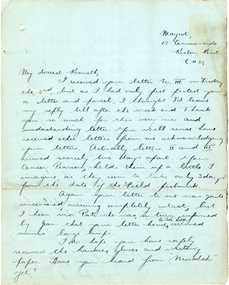 Letter from Teresina “Terry” Penman to Cyril “Kenneth” Penman dated November 6th, 1939. (pg. 1)