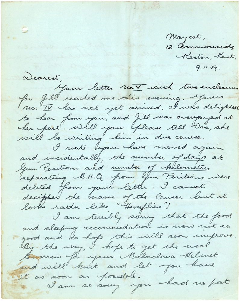 Letter from Teresina “Terry” Penman to Cyril “Kenneth” Penman dated November 9th, 1939. (pg. 1)