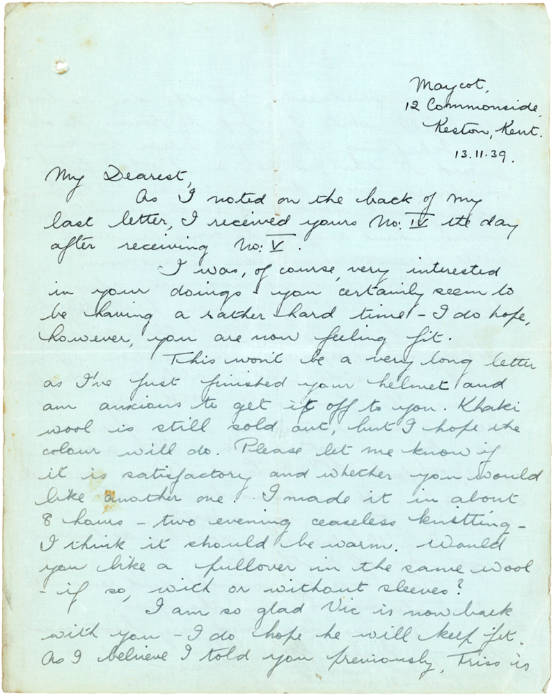 Letter from Teresina “Terry” Penman to Cyril “Kenneth” Penman dated November 13th, 1939. (pg. 1)