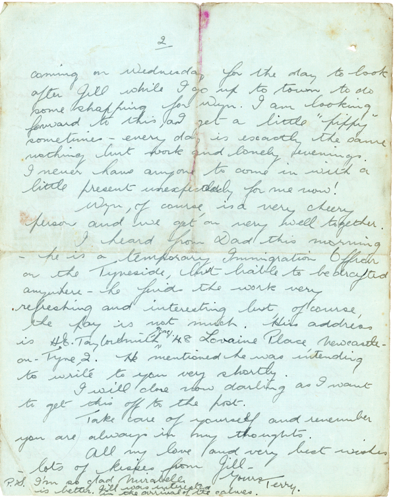 Letter from Teresina “Terry” Penman to Cyril “Kenneth” Penman dated November 13th, 1939. (pg. 2)