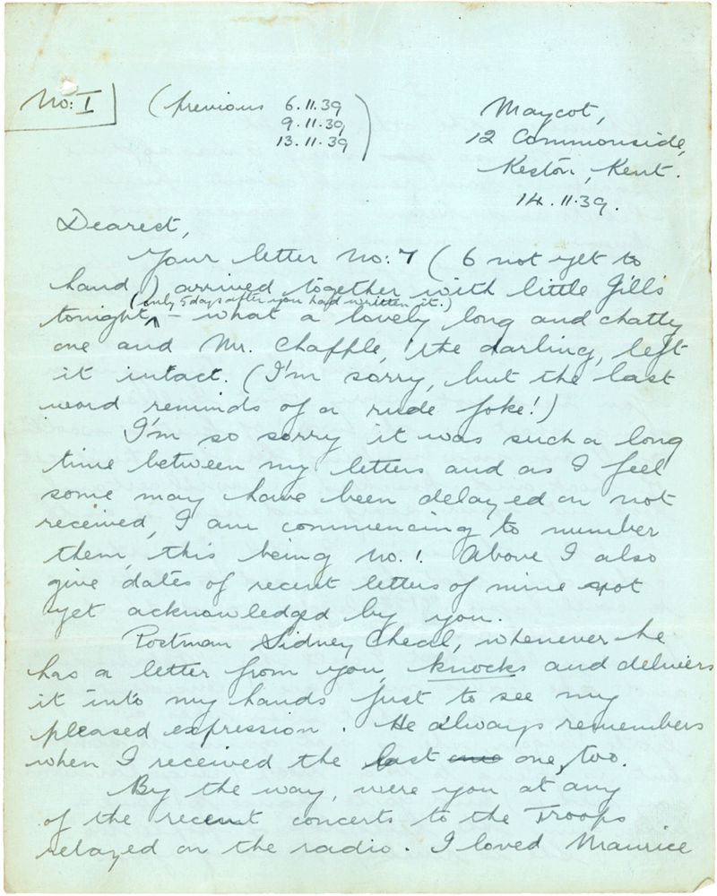 Letter from Teresina “Terry” Penman to Cyril “Kenneth” Penman dated November 14th, 1939. (pg. 1)