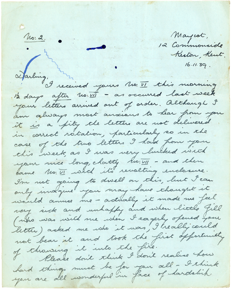 Letter from Teresina “Terry” Penman to Cyril “Kenneth” Penman dated November 16th, 1939. (pg. 1)