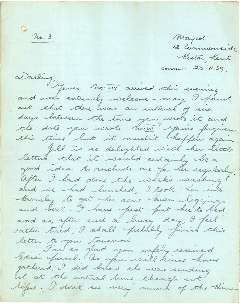Letter from Teresina “Terry” Penman to Cyril “Kenneth” Penman dated November 20th, 1939. (pg. 1)