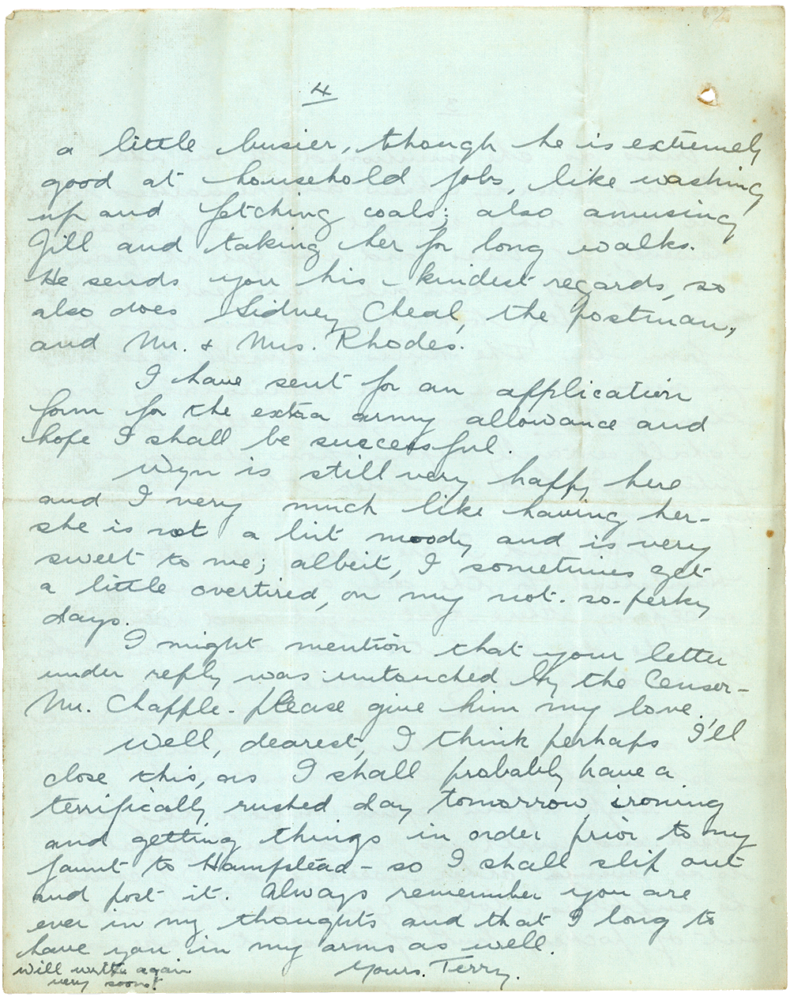 Letter from Teresina “Terry” Penman to Cyril “Kenneth” Penman dated November 20th, 1939. (pg. 4)