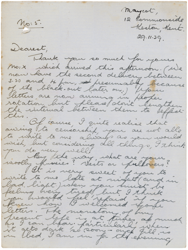 Letter from Teresina “Terry” Penman to Cyril “Kenneth” Penman dated November 29th, 1939. (pg. 1)