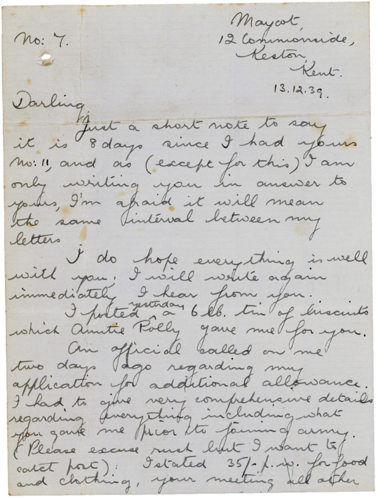 Letter from Teresina “Terry” Penman to Cyril “Kenneth” Penman dated December 13th, 1939. (pg. 1)