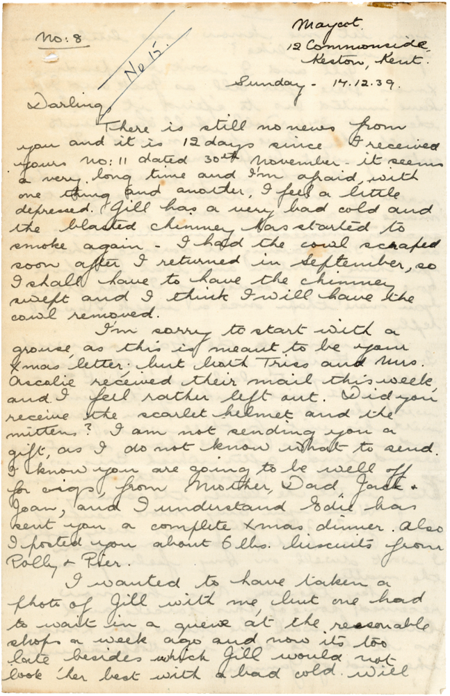 Letter from Teresina “Terry” Penman to Cyril “Kenneth” Penman dated December 14th, 1939. (pg. 1)
