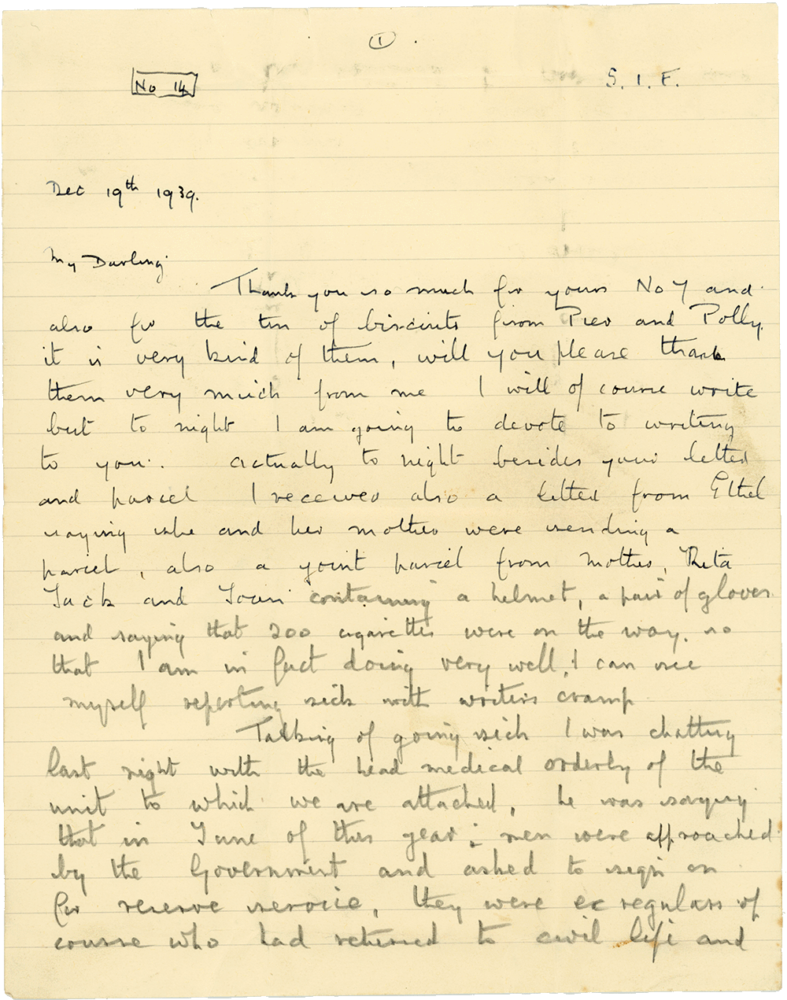 Letter from Cyril “Kenneth” Penman to Teresina “Terry” Penman dated December 19th, 1939. (pg. 1)