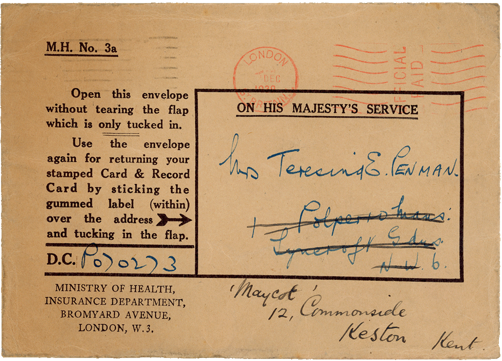 Envelope for British insurance documentation, circa 1939.