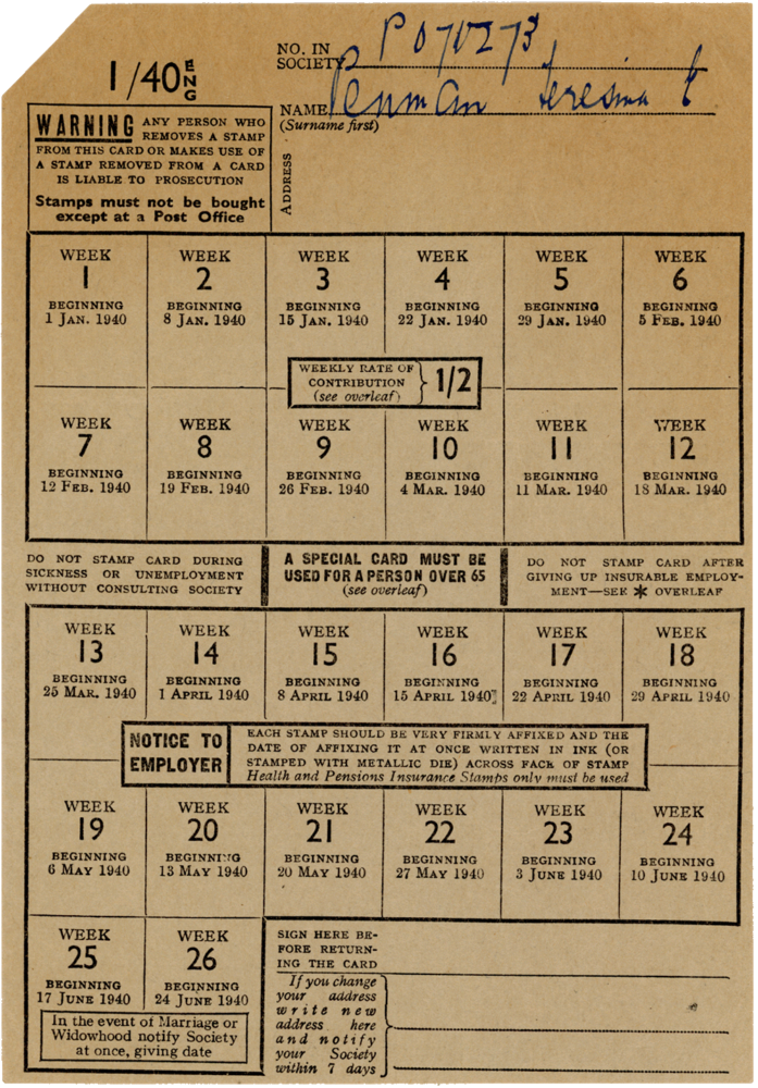 British insurance payment documentation, circa 1939. (pg. 1)