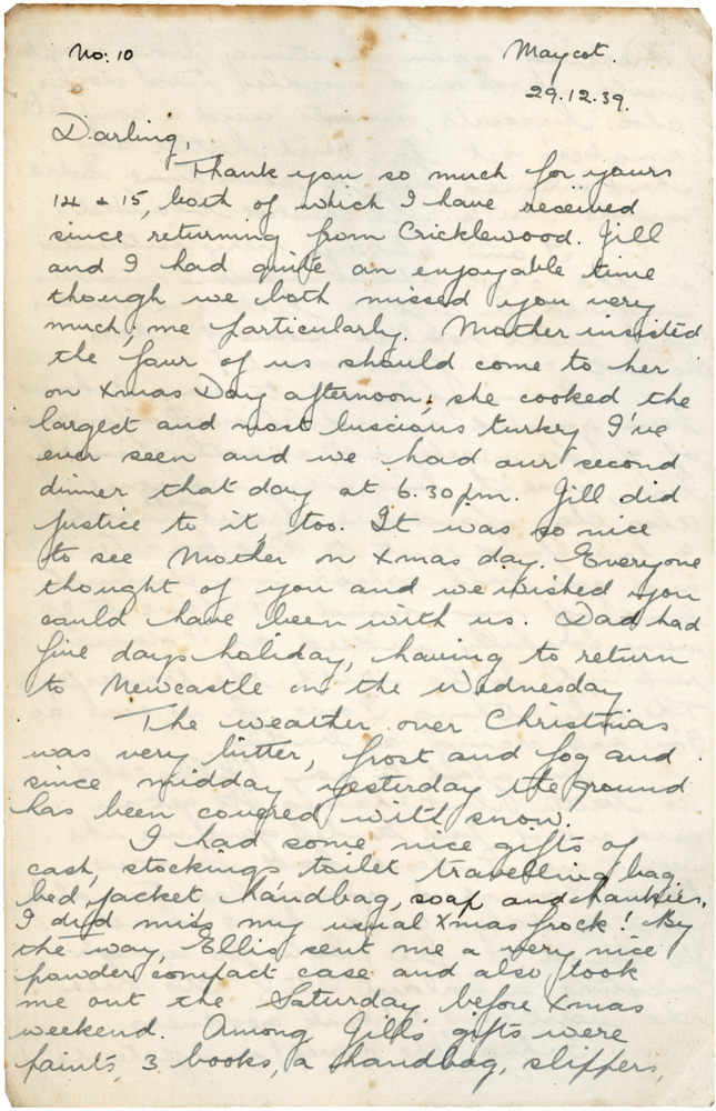 Letter from Teresina “Terry” Penman to Cyril “Kenneth” Penman dated December 29th, 1939. (pg. 1)
