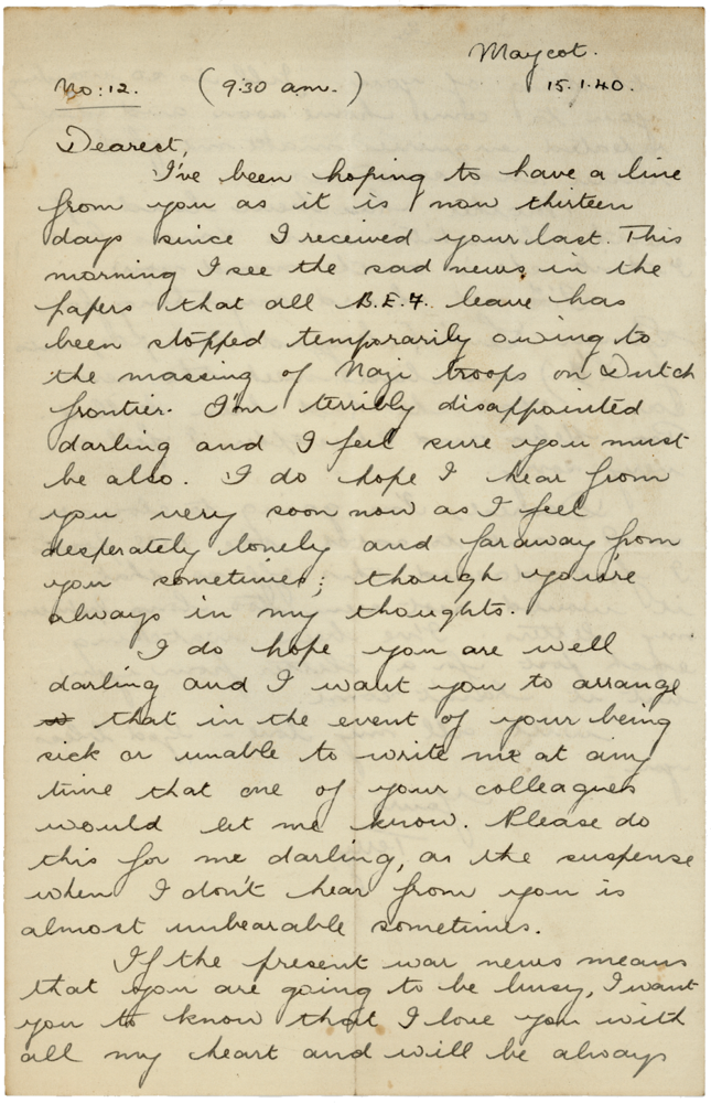 Letter from Teresina “Terry” Penman to Cyril “Kenneth” Penman dated January 15th, 1940. (pg. 1)