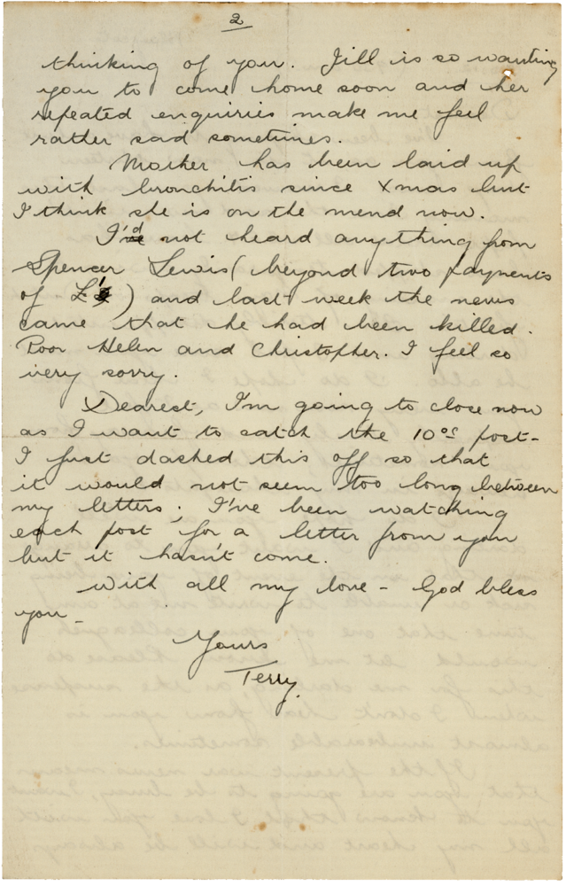 Letter from Teresina “Terry” Penman to Cyril “Kenneth” Penman dated January 15th, 1940. (pg. 2)