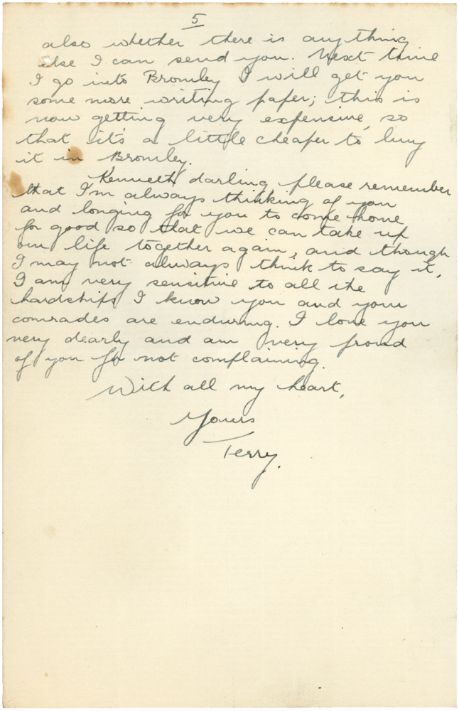 Letter from Teresina “Terry” Penman to Cyril “Kenneth” Penman dated January 16th, 1940. (pg. 5)