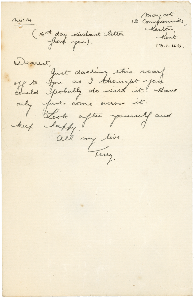 Letter from Teresina “Terry” Penman to Cyril “Kenneth” Penman dated January 18th, 1940.