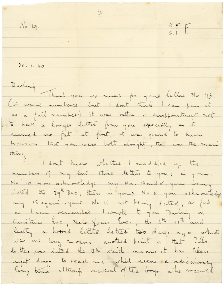 Letter from Cyril “Kenneth” Penman to Teresina “Terry” Penman dated January 20th, 1940. (pg. 1)