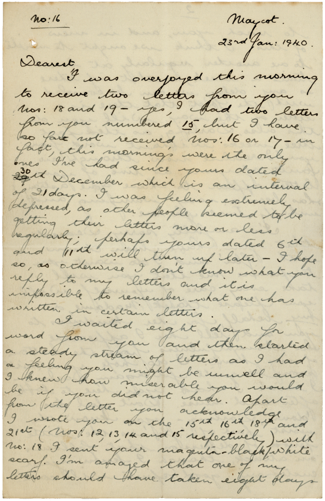 Letter from Teresina “Terry” Penman to Cyril “Kenneth” Penman dated January 23rd, 1940. (pg. 1)