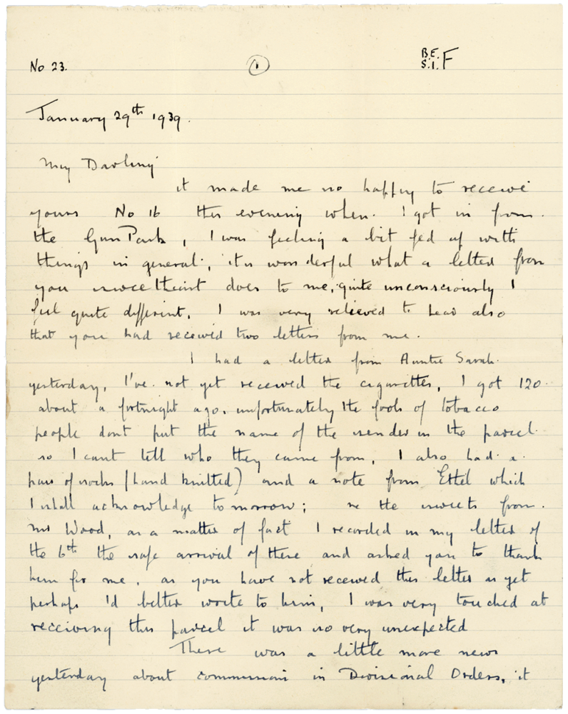 Letter from Cyril “Kenneth” Penman to Teresina “Terry” Penman dated January 29th, 1940. (pg. 1)