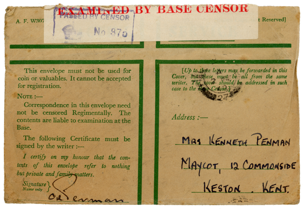 Envelope for letter from Cyril “Kenneth” Penman to Teresina “Terry” Penman dated January 29th, 1940.