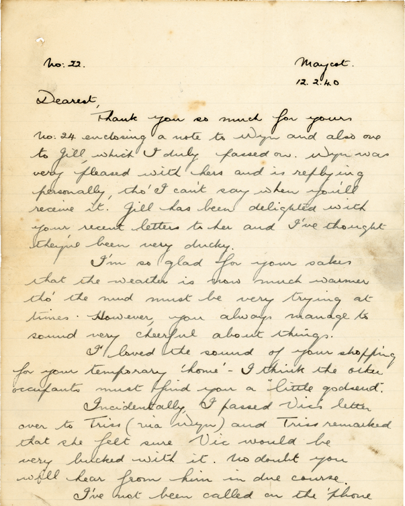 Letter from Teresina “Terry” Penman to Cyril “Kenneth” Penman dated February 12th, 1940. (pg. 1)