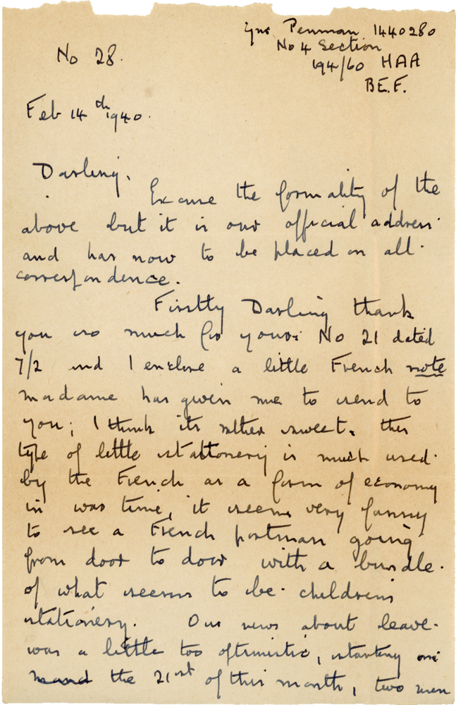 Letter from Cyril “Kenneth” Penman to Teresina “Terry” Penman dated February 14th, 1940. (pg. 1)