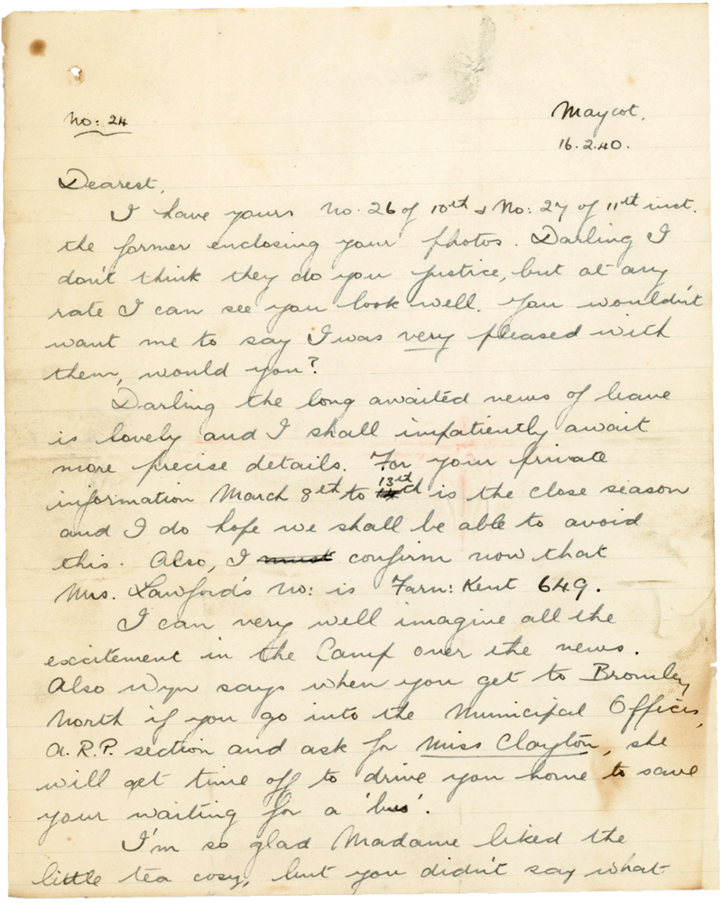 Letter from Teresina “Terry” Penman to Cyril “Kenneth” Penman dated February 16th, 1940. (pg. 1)