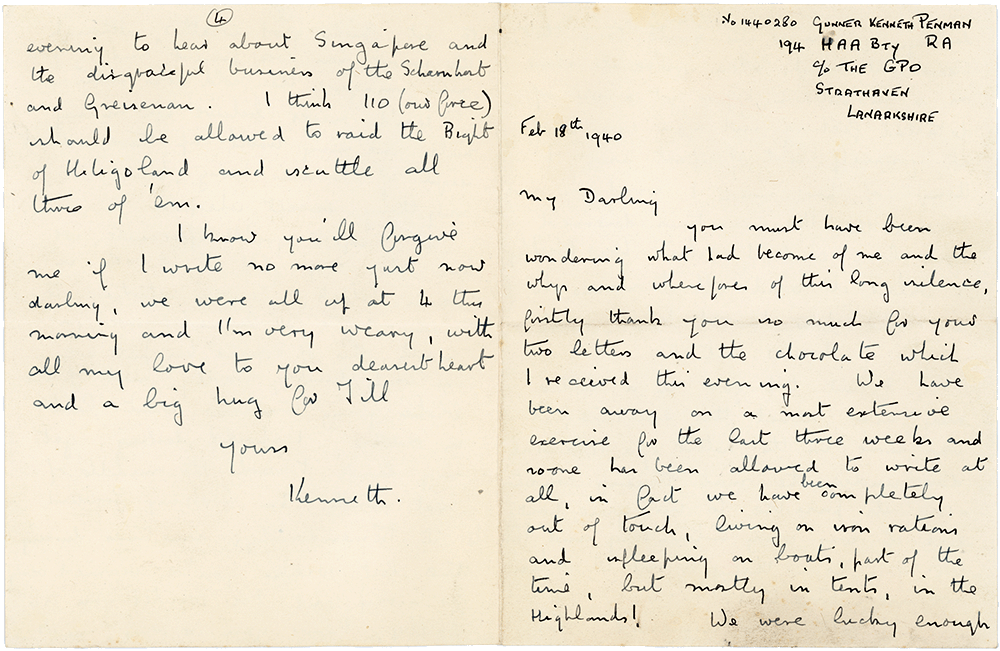 Letter from Cyril “Kenneth” Penman to Teresina “Terry” Penman dated February 18th, 1940. (pg. 1, 4)
