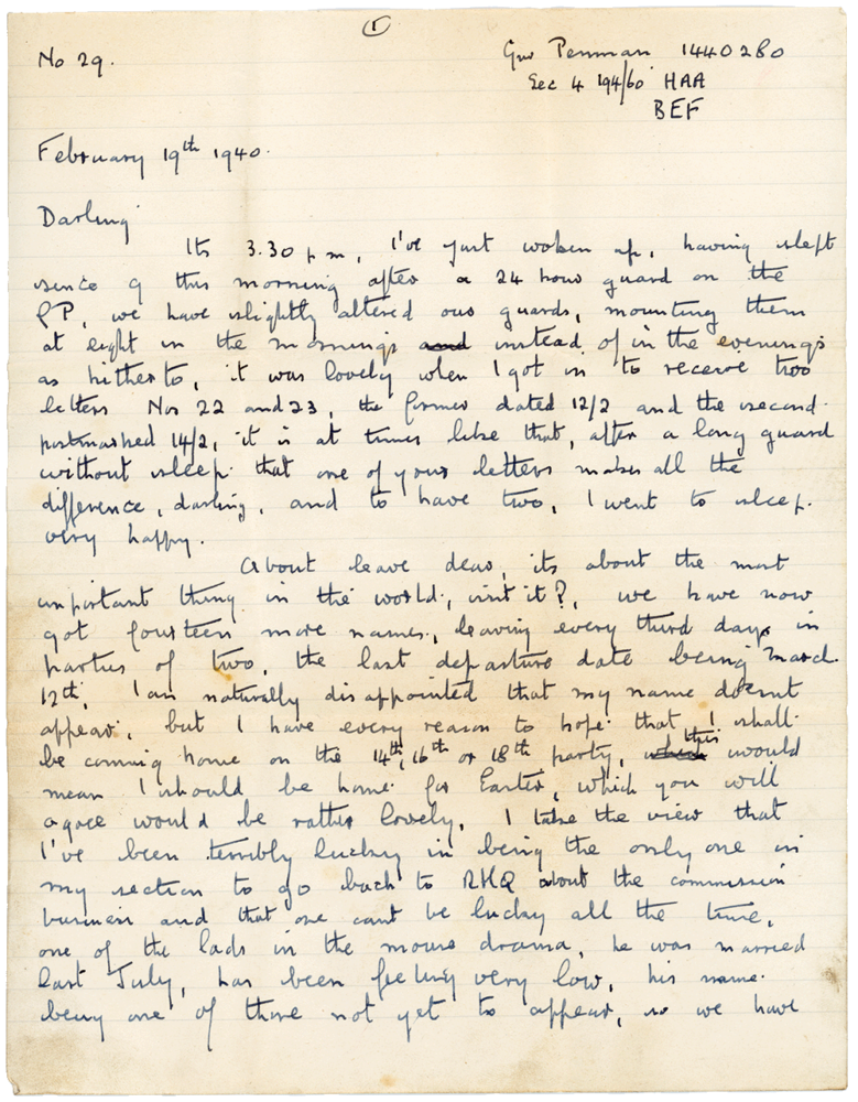 Letter from Cyril “Kenneth” Penman to Teresina “Terry” Penman dated February 19th, 1940. (pg. 1)