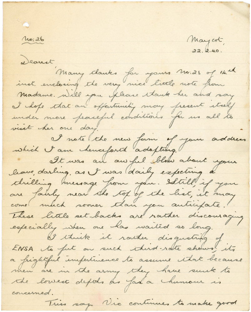 Letter from Teresina “Terry” Penman to Cyril “Kenneth” Penman dated February 22nd, 1940. (pg. 1)