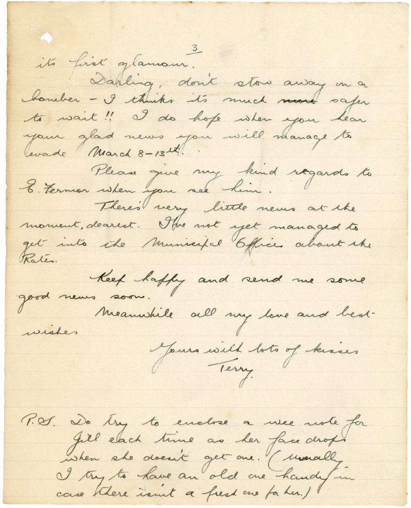 Letter from Teresina “Terry” Penman to Cyril “Kenneth” Penman dated February 22nd, 1940. (pg. 3)