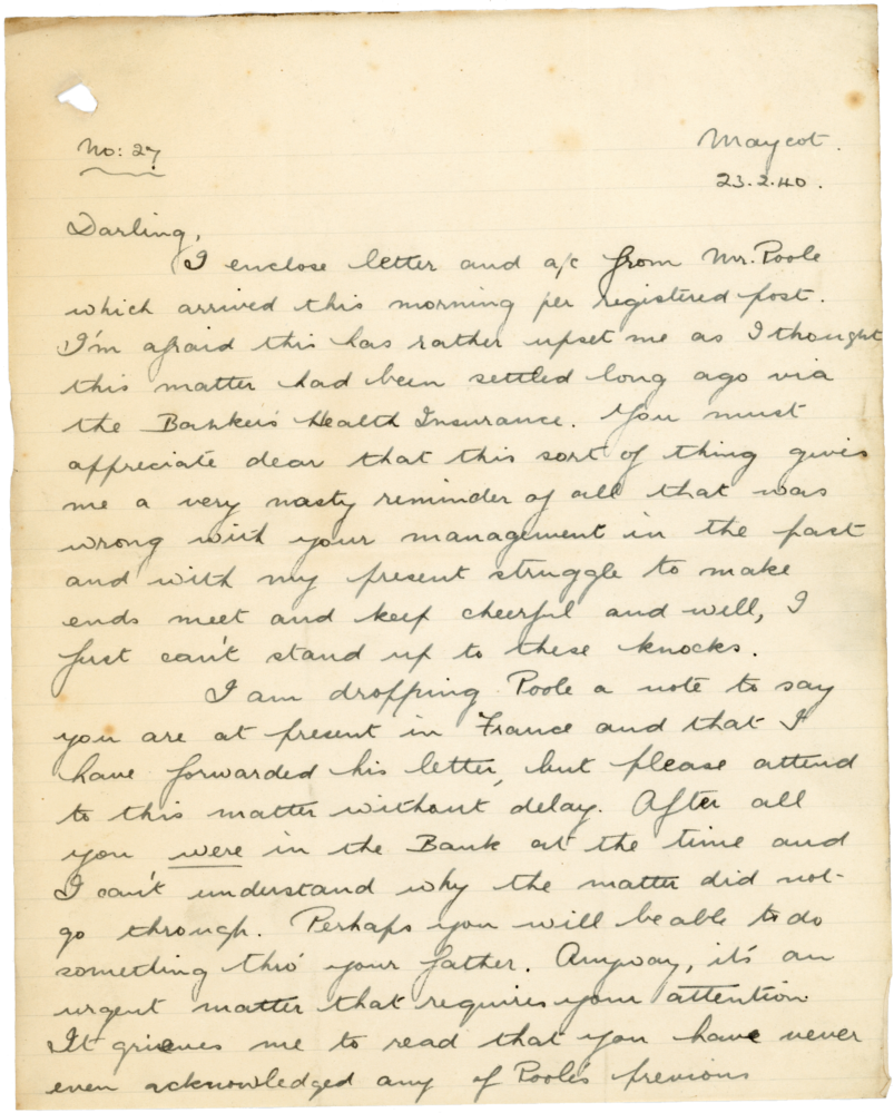 Letter from Teresina “Terry” Penman to Cyril “Kenneth” Penman dated February 23rd, 1940. (pg. 1)