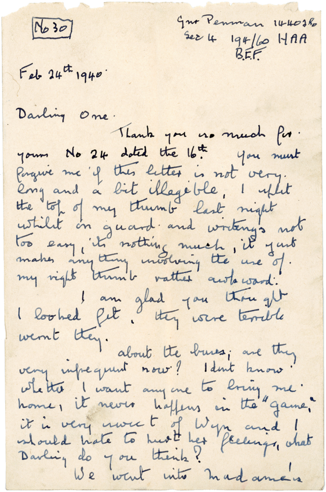 Letter from Cyril “Kenneth” Penman to Teresina “Terry” Penman dated February 24th, 1940. (pg. 1)